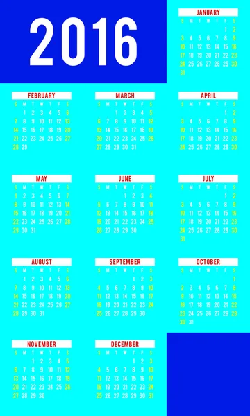 Calendário para 2016 em fundo branco. Semana começa domingo — Vetor de Stock