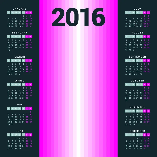 Calendrier 2016 sur fond blanc. La semaine commence dimanche — Image vectorielle