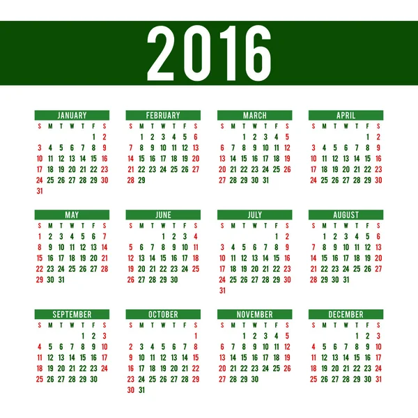 Kalender für 2016 auf weißem Hintergrund. Woche beginnt am Sonntag — Stockvektor