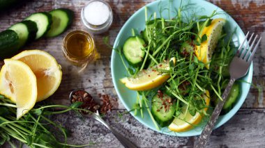 Salataya yazılan CBD yemeği. Mikroyeşillikli bahar salatası, tohumlu limon ve salatalık ve CBD yağı. CBD gıda konsepti. Süper yemek..