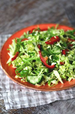 Tabakta sağlıklı bahar salatası. Taze lahana, bitki ve salatalıklı salata. Lahana salatası. Vejetaryen diyeti. Çevre yiyecekleri.