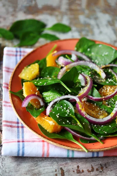 Assiette Avec Salade Salade Désintoxication Fraîche Verte Aux Épinards Orange — Photo