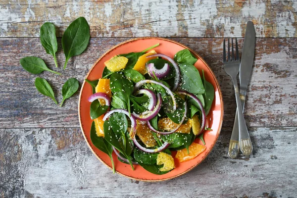 Assiette Avec Salade Salade Désintoxication Fraîche Verte Aux Épinards Orange — Photo