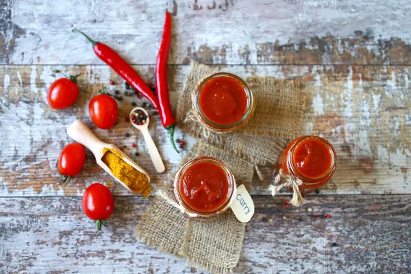 Jars Homemade Curry Sauce Cooking Home Curry Sauce Vegan Food — Stock Photo, Image
