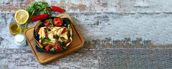 Pan Baked Feta Cheese Keto Lunch Healthy Food Baked Feta — Stock Photo, Image