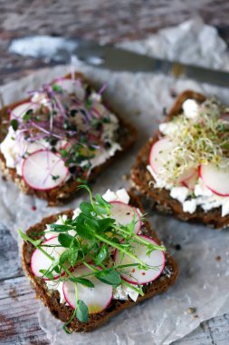 Beyaz peynirli turp ve mikroyeşillikli sağlıklı tostlar. Keto diyeti. Keto kadeh kaldırır. Organik yiyecekler. Süper yemek..