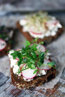 Beyaz peynirli turp ve mikroyeşillikli sağlıklı tostlar. Keto diyeti. Keto kadeh kaldırır. Organik yiyecekler. Süper yemek..