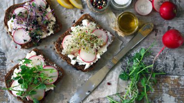 Beyaz peynirli turp ve mikroyeşillikli sağlıklı tostlar. Keto diyeti. Keto kadeh kaldırır. Organik yiyecekler. Süper yemek..