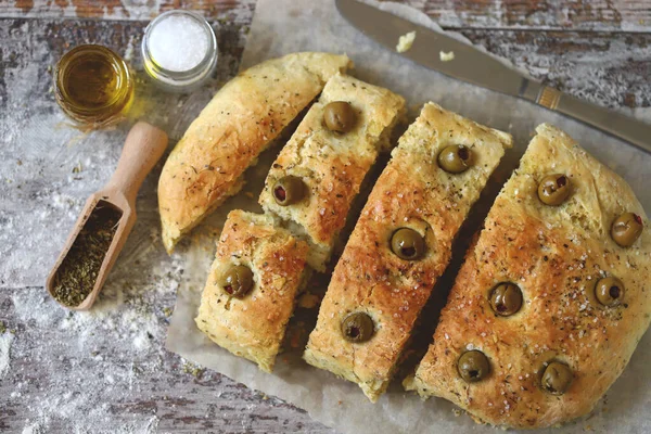 Delicious Fragrant Homemade Focaccia Traditional Italian Bread Cooking Home — Stock Photo, Image