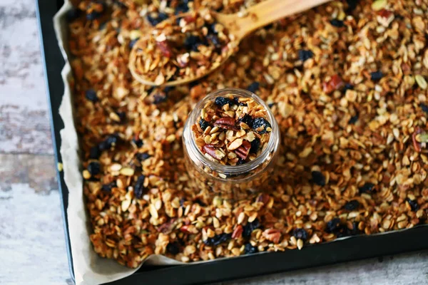 Granola Fait Maison Dans Bocal Sur Une Plaque Pâtisserie Petit — Photo