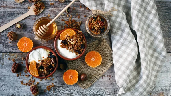 Desayuno Saludable Postre Yogur Con Granola Mandarina Granola Casera Cariño — Foto de Stock