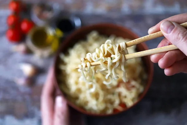 Chinese Noodles Bowl Food Sticks Eating Chinese Noodles Selective Focus — Stock Photo, Image