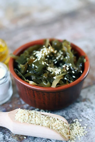 Sea kale in a bowl. Healthy food. Vegan food. Sea kale with sesame seeds.