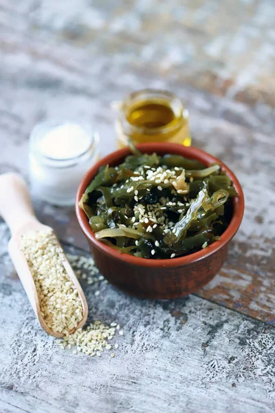 Sea kale in a bowl. Healthy food. Vegan food. Sea kale with sesame seeds.