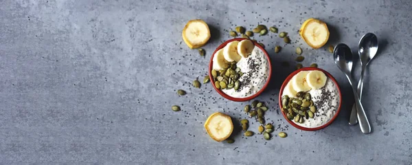 Chia pudding with pumpkin seeds and banana. Healthy breakfast or snack. Keto diet. Keto dessert. Sugar free dessert.