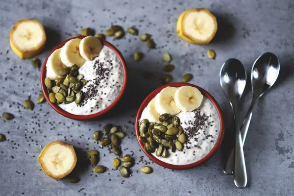 Chia pudding with pumpkin seeds and banana. Healthy breakfast or snack. Keto diet. Keto dessert. Sugar free dessert.