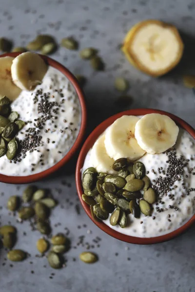 Chia pudding with pumpkin seeds and banana. Healthy breakfast or snack. Keto diet. Keto dessert. Sugar free dessert.