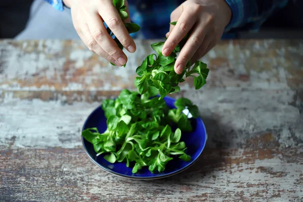 Salad Segar Tumbuk Tangan Laki Laki — Stok Foto