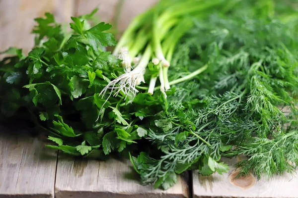 Fresh Herbs Wooden Surface Parsley Dill Green Onions — Stock Photo, Image