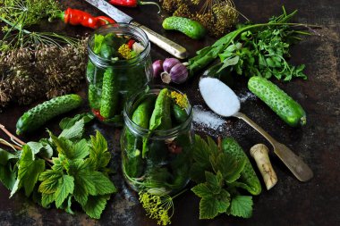 Kavanozda salatalık. Taze yapraklar, dereotu, biber, sarımsak, tuz. Salatalık toplama konsepti. Salatalık turşusu.