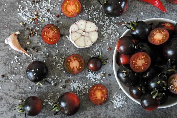 Fekete Cseresznye Paradicsom Tengeri Fűszerek — Stock Fotó