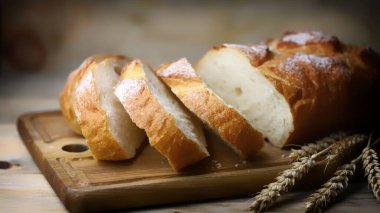 Tahta bir yüzeyde taze buğday ekmeği dilimleri. Buğday kulakları. Kırsal biçim.