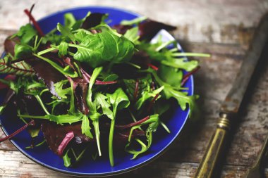 Mavi tabakta taze salata karışımı. Diyet konsepti. Sağlıklı beslenme kuralları.