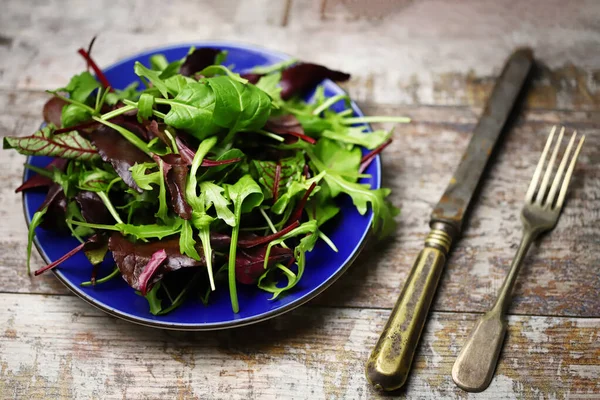 Mavi tabakta taze salata karışımı. Diyet konsepti. Sağlıklı beslenme kuralları.