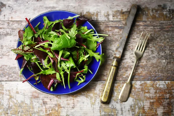 Mavi tabakta taze salata karışımı. Diyet konsepti. Sağlıklı beslenme kuralları.