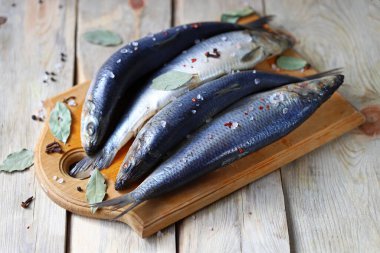 Baharatlı tuzlu ringa balığı. Baharat ve tuz. Tahtada başı ve kuyruğu olan ringa balıkları..