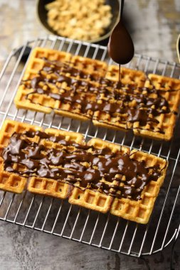 Çikolata serpiştirilmiş ve fındık serpiştirilmiş Fransız waffle 'ları..