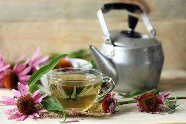 Ekinezya çayı bir fincanda. Ekinezya çiçekleri. Çaydanlık ve çay..