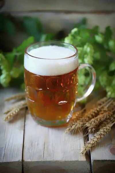 A glass of fresh wheat beer. Hops and ears of wheat.