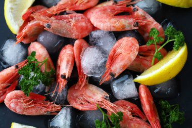 Seçici odaklanma. Buzlu baharatlı karides. Taze donmuş karides. Deniz ürünleri..