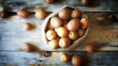 Çuvalda küçük çiğ patates. Yavru patates. Kırsal tarzda. Köylü patatesleri.