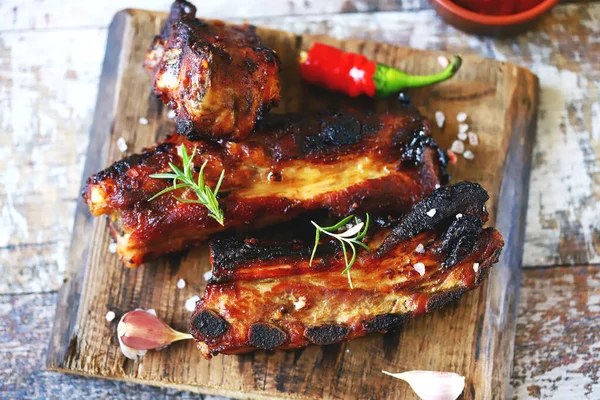 Glaserade Fläskrevben Träskiva Matlagning Bbq Revben — Stockfoto