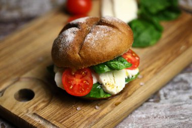 Mozzarella sandviçi. Mozarella, domates ve ıspanaklı sağlıklı bir sandviç. Caprese sandviçi. Sağlıklı bir şeyler..