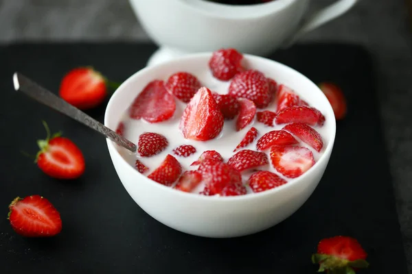 Strawberries Cream Bowl Summer Milk Dessert Stock Image