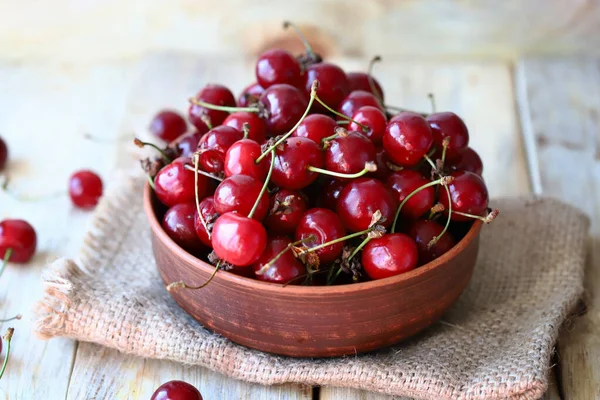 Ripe Juicy Cherries Bowl Wooden Surface Organic Cherry Harvest — Stock Photo, Image