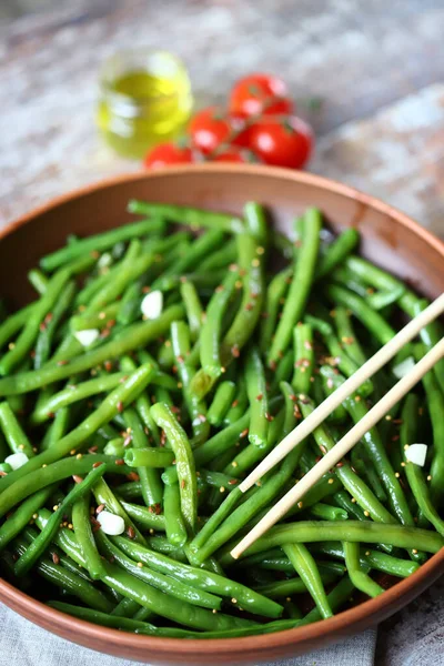 Selective Focus Cooked Green Bean Pods Bowl Healthly Food Vegan — Stock Photo, Image