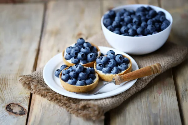 Blueberry Tartlets Plate Healthy Berry Dessert Summer Cooking — Stock Photo, Image