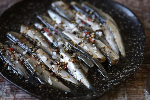 Selective Focus Salted Sprat Spices Plate — Stock Photo, Image
