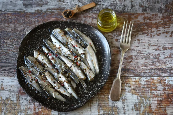 Enfoque Selectivo Espadín Salado Con Especias Plato — Foto de Stock