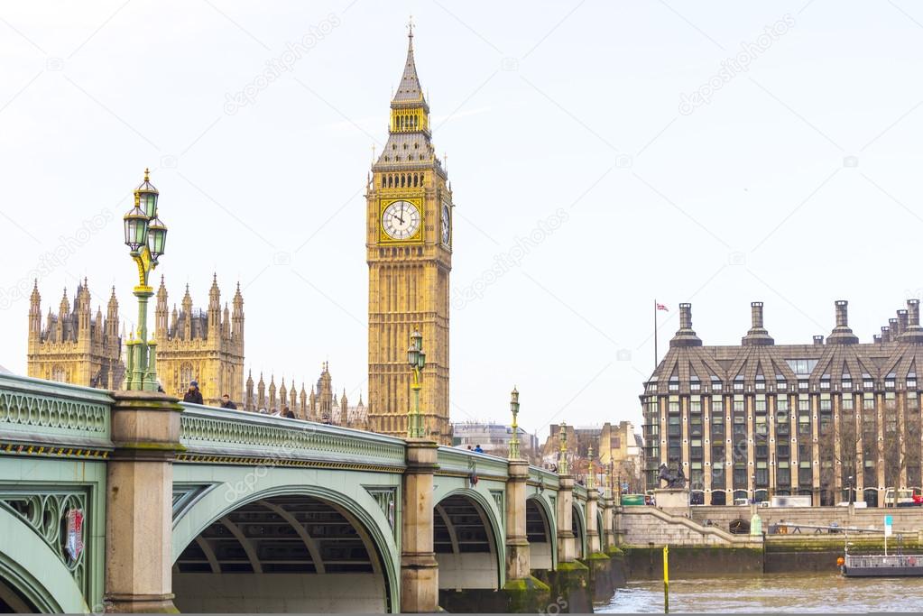 Big Ben with Westminster bridge and EU Parlament in London