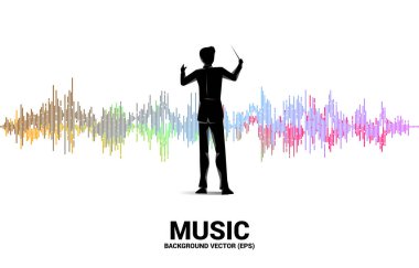 Arka planda ses dalgaları olan iletkenin vektör silueti. Orkestra konseri ve eğlence için arka plan kavramını kabul et.