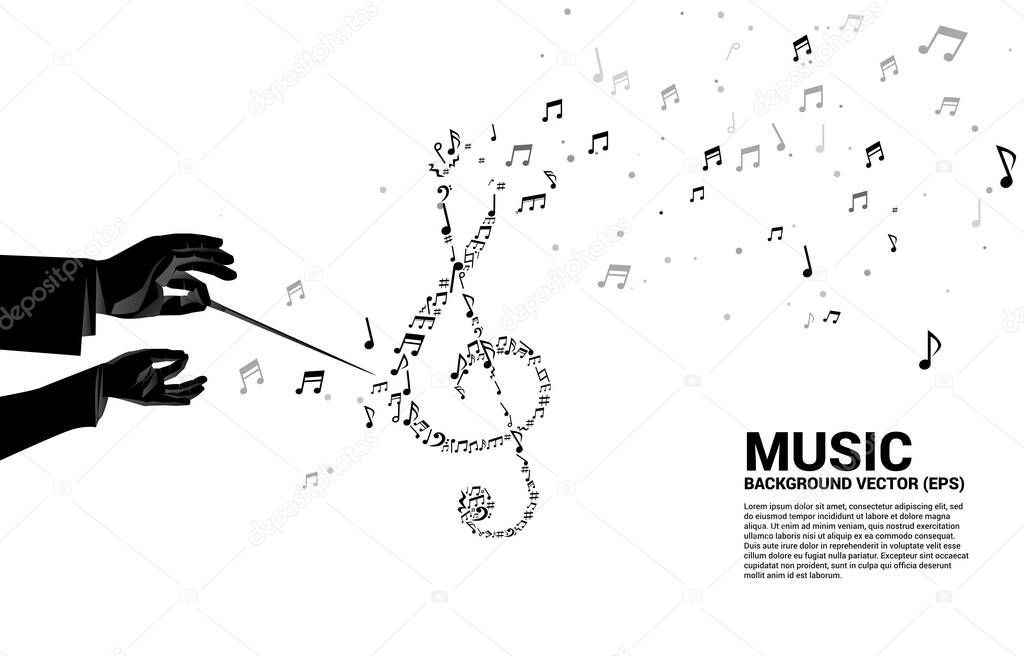 Vector silhouette of conductor hand with music melody shape sol key note dancing flow . Concept background for song and concert theme.