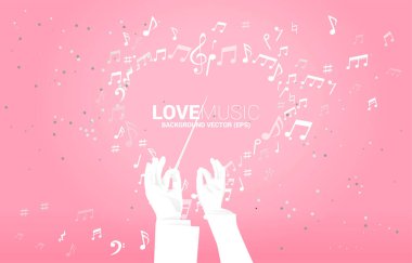 Kondüktör elinin vektör silueti, sopanın üzerinde kalp notaları uçuşuyor. Aşk şarkısı ve konser teması için kavram arka planı.