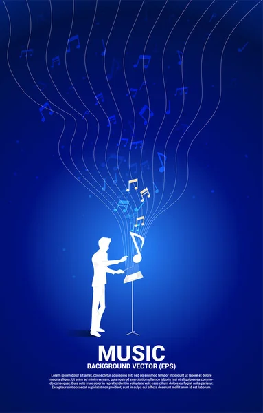 矢量指挥家和音乐旋律音符舞动的流动 歌曲和音乐会主题的概念背景 — 图库矢量图片