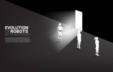 Çıkış kapısında duvarlı insan robotu var. Makine öğrenme ve yapay zeka konsepti. İnsan robota karşı..