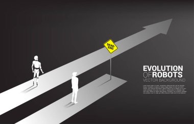 İnsan ve robot rekabetinin iş konsepti. Robot silueti piste çıkıyor ve iş adamı yolu kapatıyor. Makine öğrenme ve yapay zeka için iş konsepti. İnsan robota karşı..